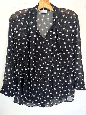 RED Valentino Vintage Silk Black Star Sheer Blouse Neck Tie Italy 48 US 10/12